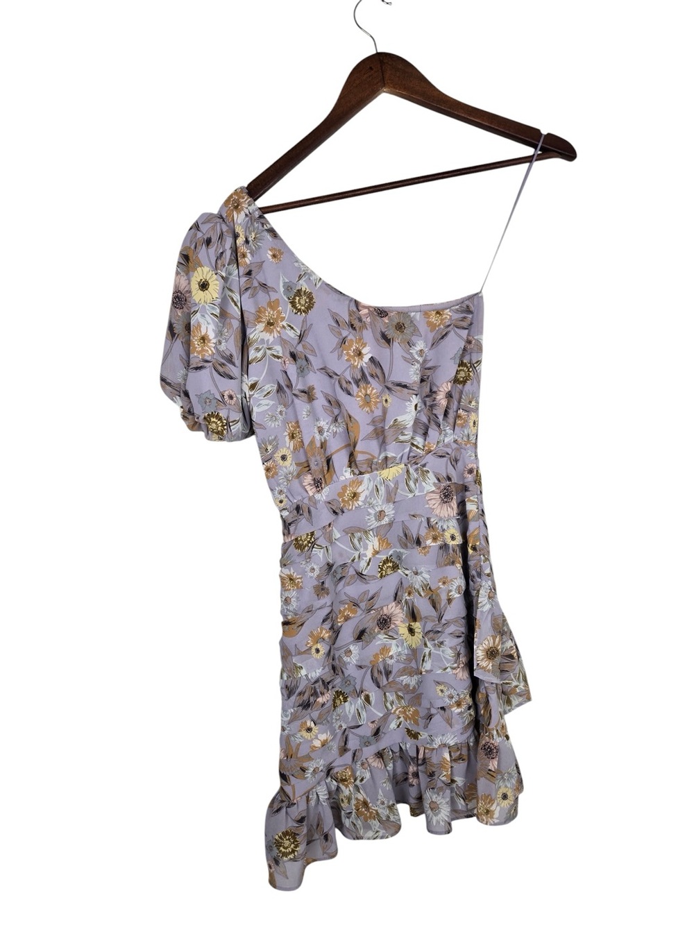 ASTR The Label One Shoulder Floral Mini Dress XS Lilac Ruched - Picture 6 of 8